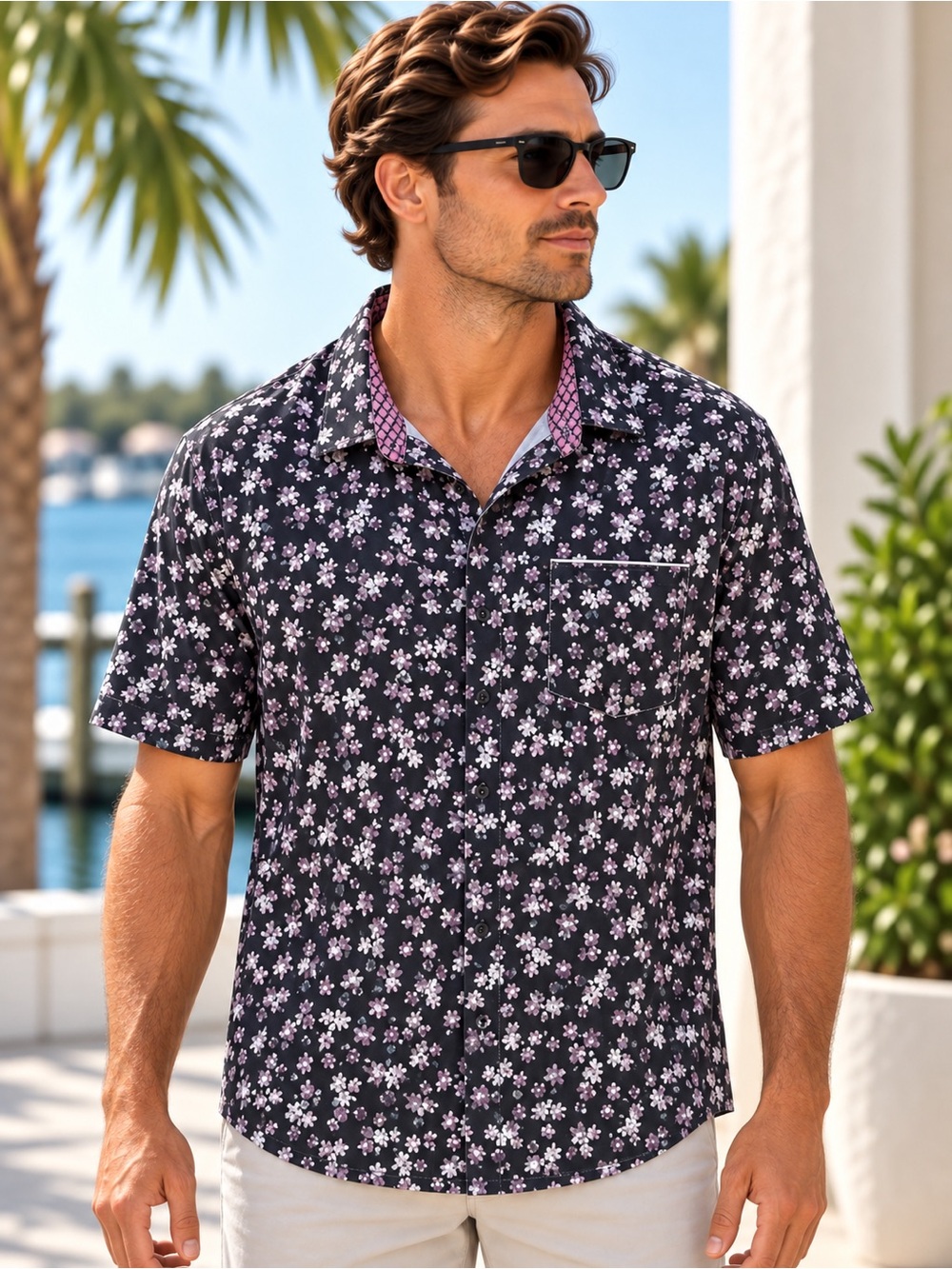 7DIAMONDS Give Me Love Shirt Men’s XL Black Floral 4-Way Stretch #316